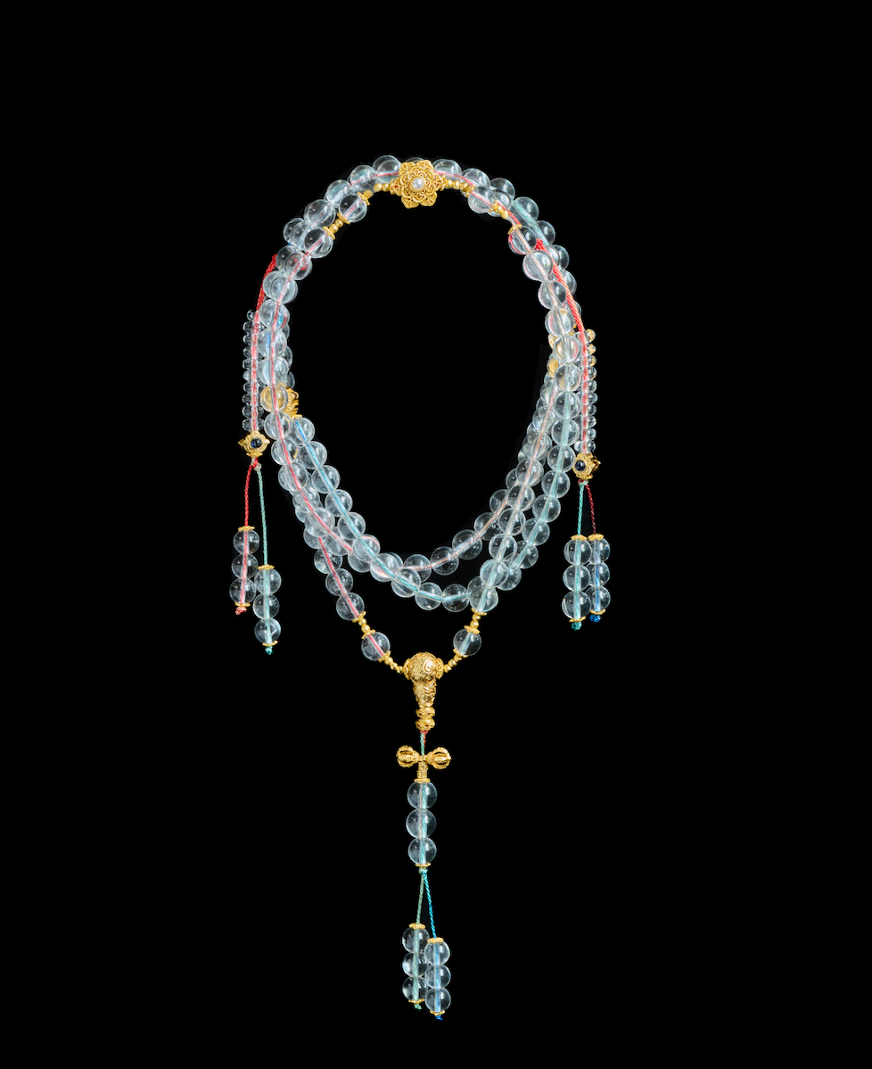 Норо Gem Atelier (Hopo & Co.) “Aurora Purity” Triple-Wrap White Crystal Mala with Gilded Silver Lotus Accents
